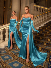 Elegant Rhinestone Detail Split Satin Formal Party Tube Dress (Gloves Included)